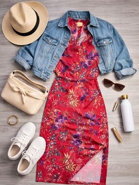 Rich Red /burgundy Floral Midi Dress with Purple Bloom Print